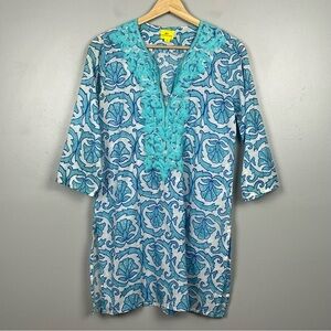 Roberta Roller Rabbit 100% cotton aqua caftan tunic swim cover top, XS.